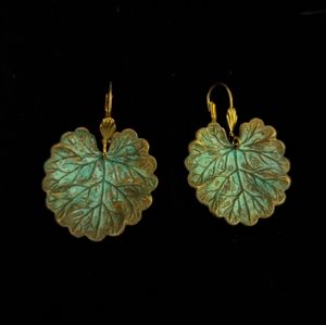 Verdigris brass leaf earrings on gold fill lever back hooks
